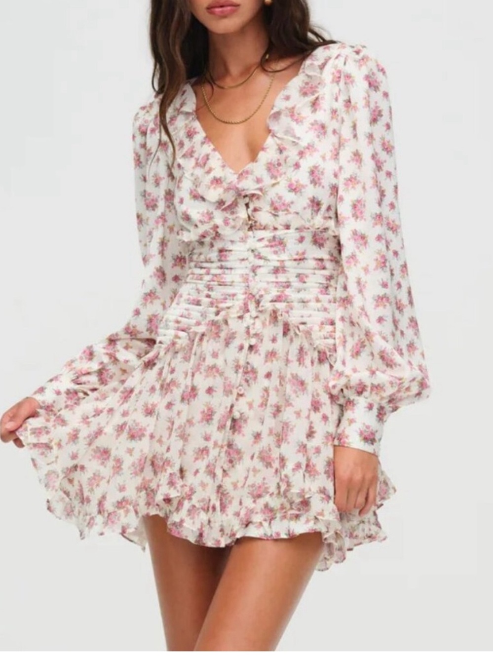 For Love & Lemons Jayleen Mini Ruffle Dress with Pink Floral Accents